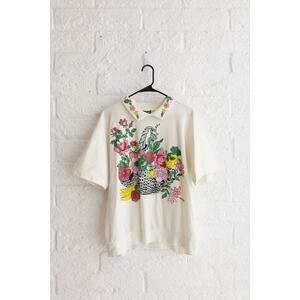 Vintage 1992 Cabin Creek Floral Fruit Basket Collared Sweatshirt Top Cottagecore